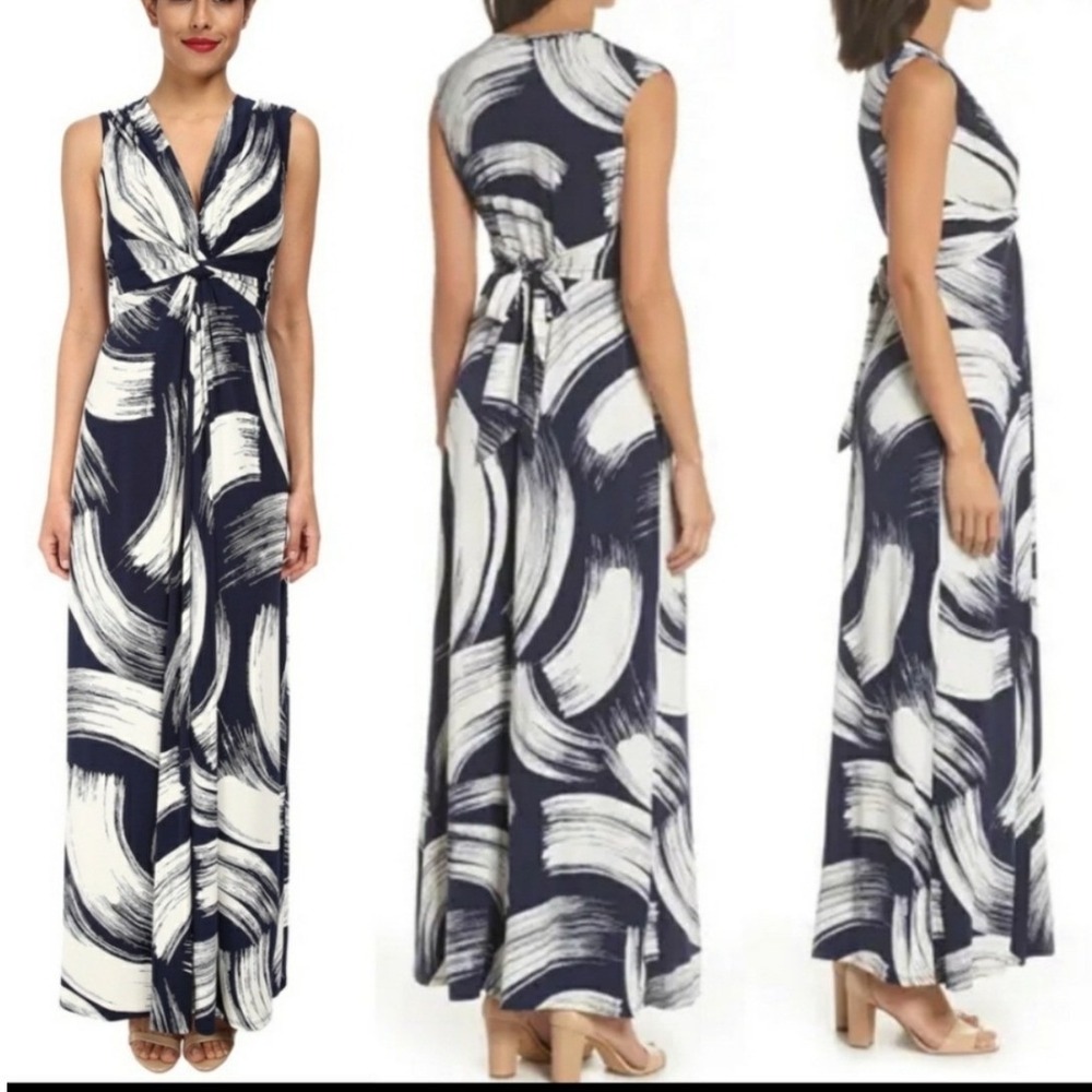 Eliza J Navy Sleeveless V Neck Maxi Dress White Abstract Brushstroke Tie Front